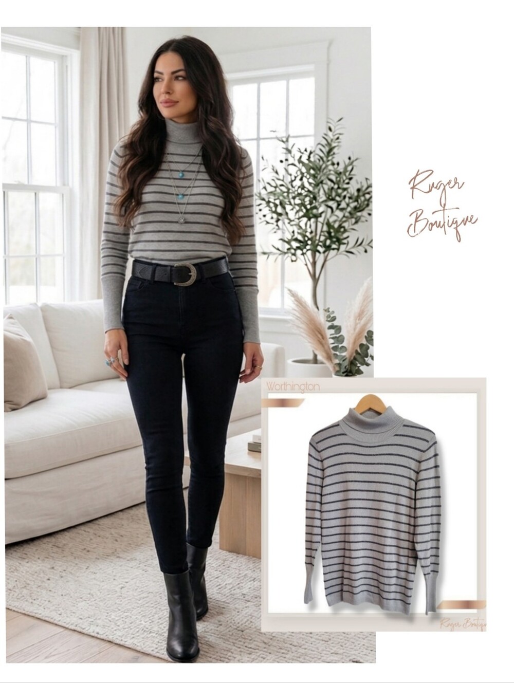 🌿Worthington XL Women's Silver Gray Metallic Shimmer Striped Turtleneck Blouse